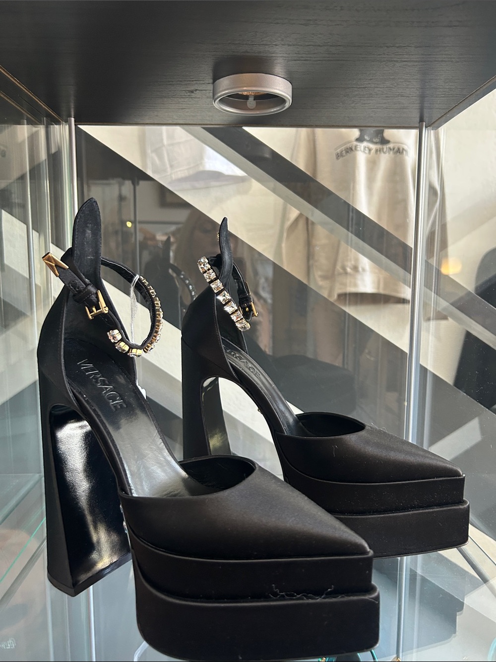 Versace Black Satin Crystal-Ankle Platform Pumps - Picture 2 of 7